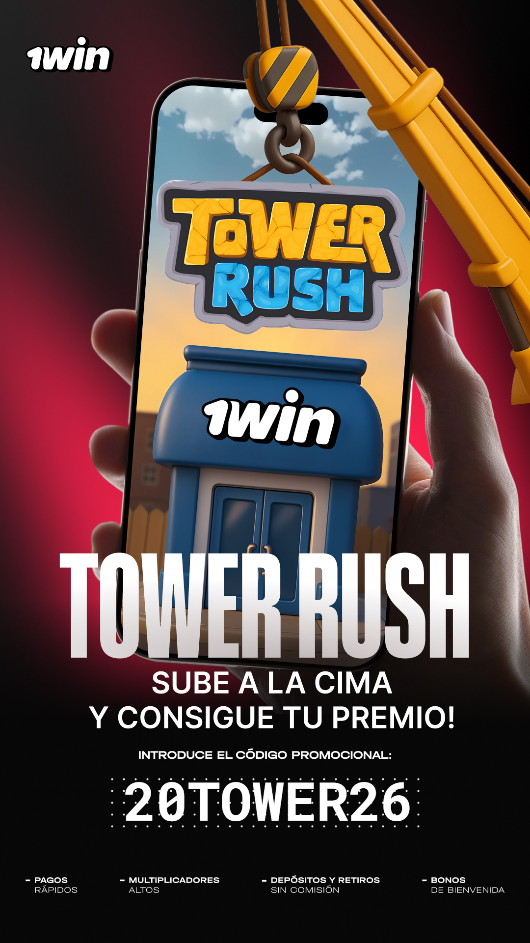 Banner promocional Tower Rush en 1win con código 20TOWER26; acceso en iPhone mediante PWA en Safari