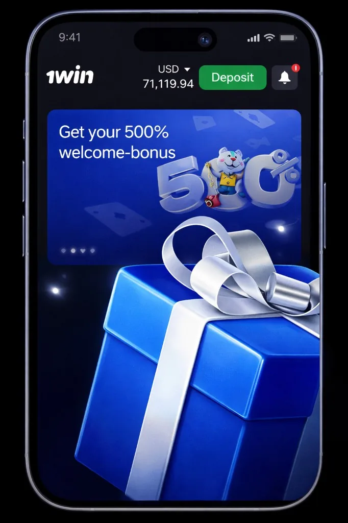 Promoción en la app 1win con bonus de bienvenida y destacado visual en smartphone