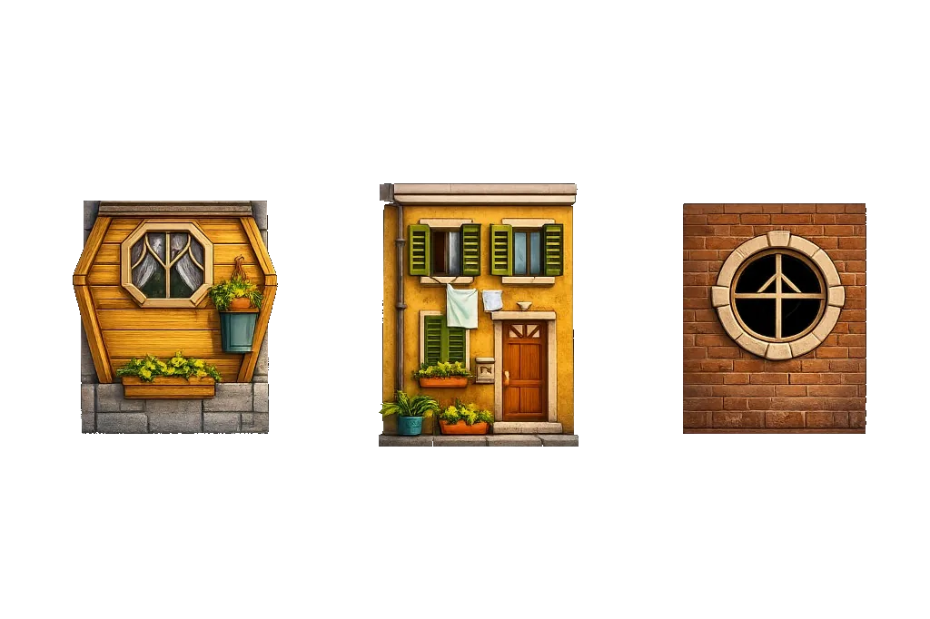 Tres ilustraciones de fachadas del Tower Rush: casa hexagonal de madera, edificio amarillo con tendedero y pared de ladrillos con ventana circular — estilo cartoon