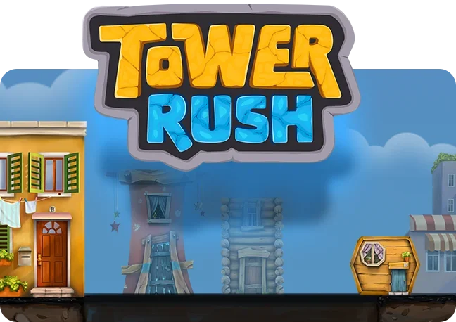 Logotipo Tower Rush — arte promocional con escenario de ciudad colorida
